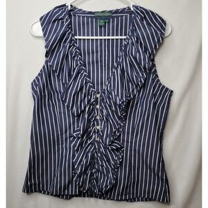Lauren Ralph Lauren Striped Ruffle Blouse Womens Sz Medium Navy Blue Cotton Prep